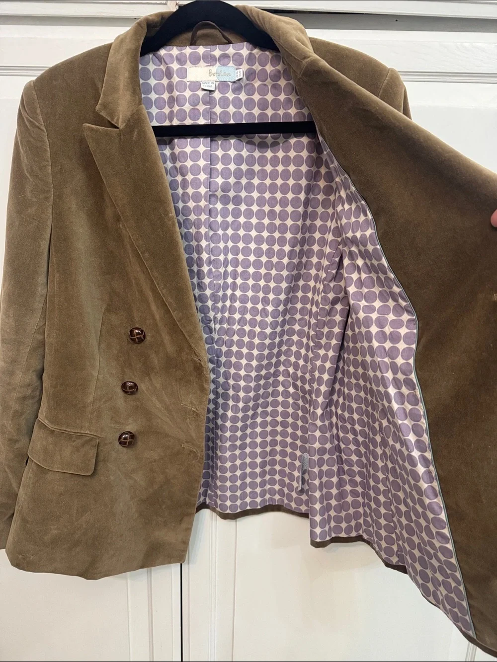 Boden Double-Breasted Velvet Blazer Jacket - Tan. Cotton. Size 12